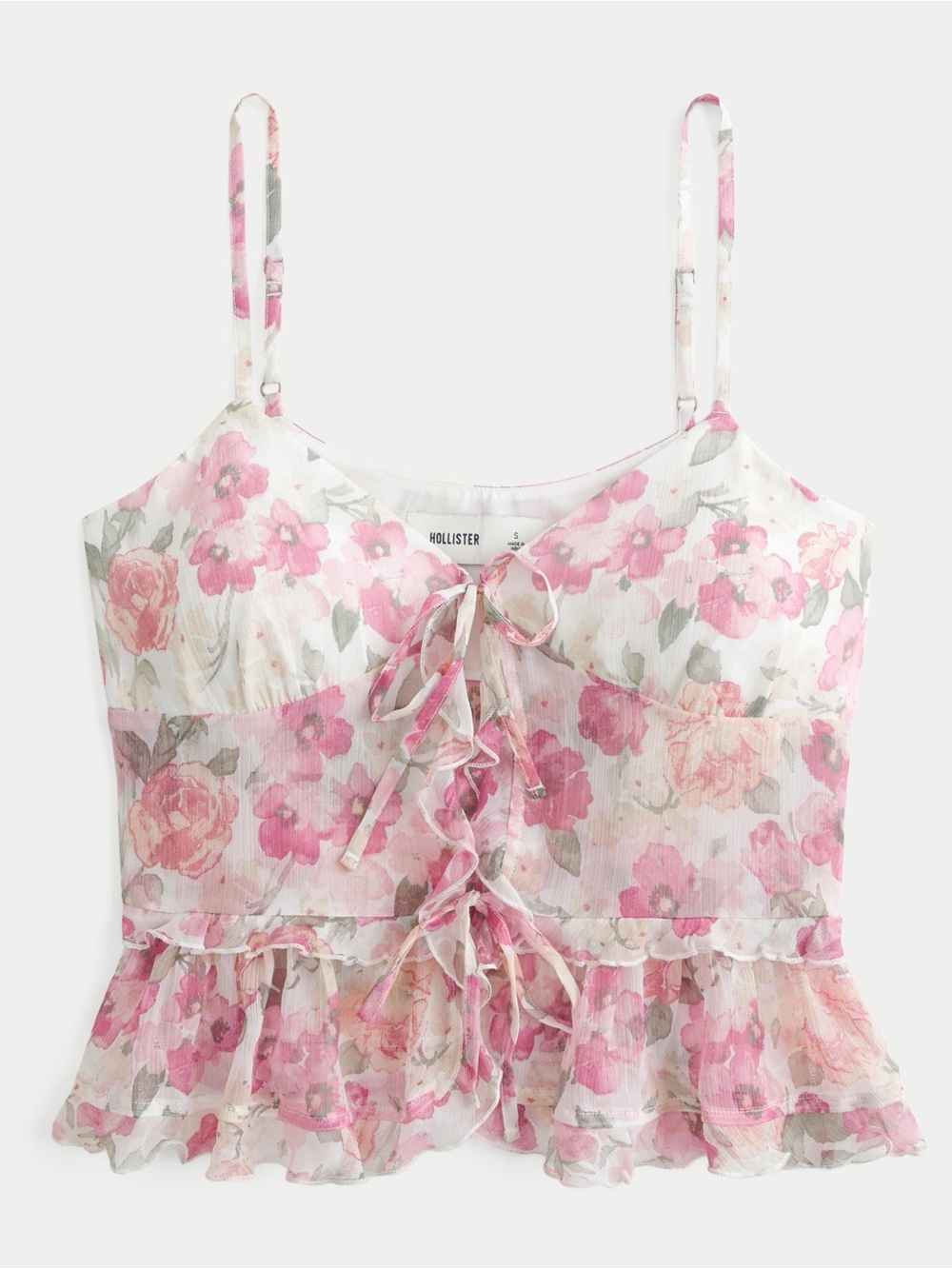 Hollister Pink Floral Chiffon Ruffle Tie-Front Blouse